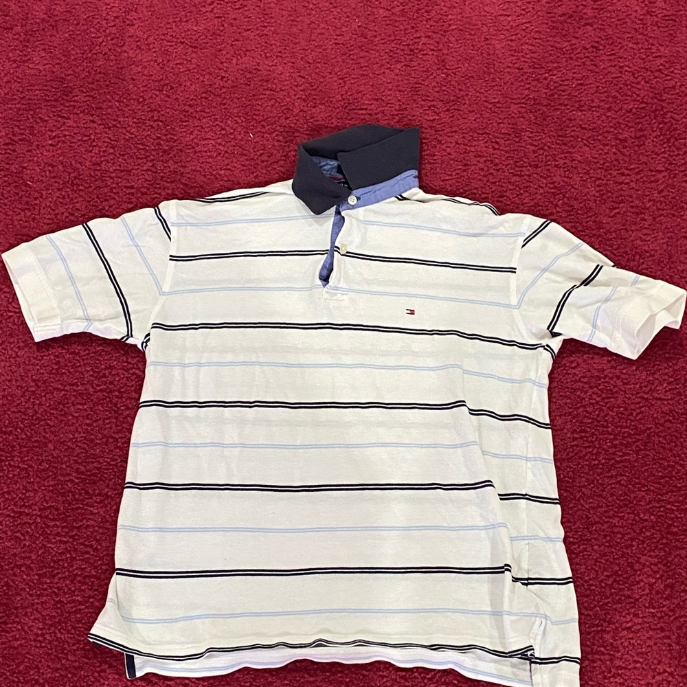 Tommy Hilfiger White Polo with Navy and Light Blue Stripes
